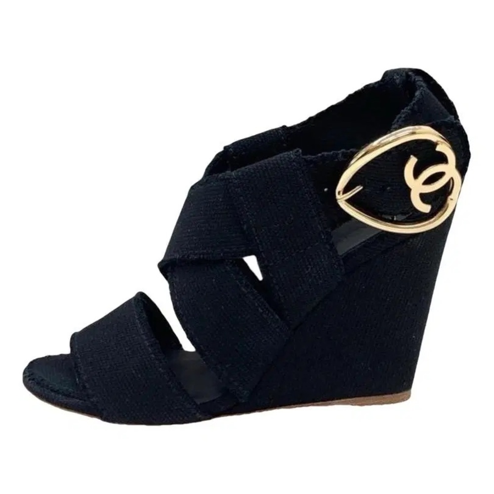 Chanel Black Suede Heart CC Buckle Wedge Sandals